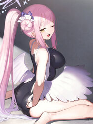  ;d absurdres adjusting_clothes adjusting_swimsuit angel_wings ass backlighting bare_arms bare_legs bare_shoulders barefoot black_one-piece_swimsuit blue_archive blush breasts collarbone commentary competition_school_swimsuit feathered_wings female flower from_side full_body gradient_hair hair_bun hair_flower hair_ornament hair_ribbon half-closed_eyes halo high_ponytail highres impossible_clothes impossible_swimsuit large_breasts long_hair looking_at_viewer looking_back low_wings mika_(blue_archive) multicolored_hair one-piece_swimsuit one_eye_closed pink_hair ponytail purple_flower purple_halo ribbon school_swimsuit shade sidelocks signalviolet signature single_side_bun sitting smile solo straight_hair swimsuit through_clothes trinity_general_school_swimsuit very_long_hair wariza white_ribbon white_wings wings wings_through_clothes yellow_eyes 