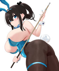  animal_ears ass bare_shoulders black_hair black_pantyhose blue_bow blue_bowtie blue_eyes blue_leotard blue_nails bow bowtie breasts cue_stick detached_collar fake_animal_ears fake_tail female hair_between_eyes holding_cue_stick huge_breasts leotard long_hair looking_at_viewer nail_polish omizu_(h2o) original pantyhose playboy_bunny rabbit_ears rabbit_tail simple_background solo tail thigh_strap white_background wrist_cuffs 