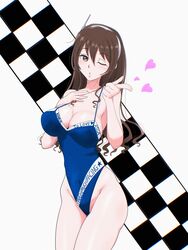  ashigara_(kancolle) blowing_kiss blue_one-piece_swimsuit breasts brown_eyes brown_hair checkered_background cleavage clothes_writing cowboy_shot female hairband highleg highleg_leotard highleg_swimsuit highres kantai_collection large_breasts leotard long_hair one-piece_swimsuit one_eye_closed osage_gankyou race_queen solo swimsuit wavy_hair white_hairband 