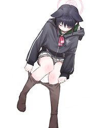  absurdres animal_ears black_hair black_jacket black_pantyhose blue_archive blush cat_ears closed_eyes colored_inner_hair dressing extra_ears female halo highres holding holding_clothes holding_legwear hood hooded_jacket invisible_chair jacket kazusa_(blue_archive) lakudaken long_sleeves multicolored_hair neckerchief no_shoes pantyhose pink_hair pink_neckerchief pleated_skirt school_uniform simple_background sitting skirt solo two-tone_hair white_background 