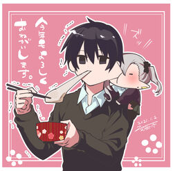  1boy absurdres biting black_eyes black_hair black_legwear black_scrunchie black_skirt black_sweater blush bowl brown_background brown_cardigan cardigan cheek_biting chibi chopsticks closed_eyes closed_mouth collared_shirt commentary_request ear_piercing earrings eating female food grey_hair hair_ornament hair_scrunchie highres holding holding_bowl holding_chopsticks ishikawa_luna jewelry kneehighs kotoyoro long_hair long_sleeves mochi mochi_trail new_year nikki_kyousuke ootori_tatta original piercing pleated_skirt pointy_ears puffy_long_sleeves puffy_sleeves school_uniform scrunchie shirt side_ponytail skirt sleeves_past_wrists socks stud_earrings sweater translated trembling vampire white_shirt 