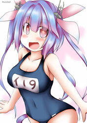  bad_id bad_twitter_id blue_hair breasts collarbone commentary_request cowboy_shot female hair_ribbon i-19_(kancolle) kantai_collection large_breasts long_hair looking_at_viewer name_tag oerba_yun_fang ouno_(nounai_disintegration) red_eyes ribbon school_swimsuit skin_fang smile solo star-shaped_pupils star_(symbol) swimsuit symbol-shaped_pupils tri_tails twintails twitter_username 