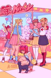  5girls arcade bishoujo_senshi_sailor_moon blonde_hair bloominflowers cardcaptor_sakura crane_game crossover double_bun feline hair_bun harukaze_doremi highres jewelry kinomoto_sakura kirby kirby_(series) long_hair luna_(sailor_moon) mermaid_melody_pichi_pichi_pitch momomiya_ichigo multiple_girls nanami_lucia necklace ojamajo_doremi shell shell_necklace shorts skirt stuffed_toy thighhighs tokyo_mew_mew tsukino_usagi twintails 