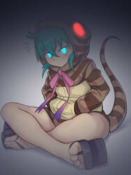  :&lt; absurdres animal_hood aomoro aqua_eyes aqua_hair bad_id bad_pixiv_id bare_legs blue_ribbon blush closed_mouth crossed_bangs dark feet female full_body geta glowing glowing_eyes gradient_neck_ribbon gradient_ribbon hair_between_eyes hands_in_pockets highres hood hood_up hoodie indian_style kemono_friends long_sleeves looking_at_viewer neck_ribbon notice_lines pink_ribbon ribbon short_hair sitting snake_hood snake_tail solo striped_clothes striped_hoodie striped_tail tail toenails toes tsuchinoko_(kemono_friends) variant_set white_background 