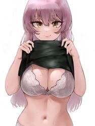  absurdres bad_id bad_twitter_id black_shirt blush bra breasts cleavage clothes_lift embroidered_bra female highres idolmaster idolmaster_cinderella_girls idolmaster_cinderella_girls_starlight_stage jougasaki_mika lamp_p9 long_hair midriff navel pink_hair shirt shirt_lift simple_background sweat underwear white_background white_bra 