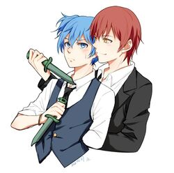  2boys akabane_karma ansatsu_kyoushitsu arm_behind_back bad_id bad_twitter_id black_jacket black_necktie blue_eyes blue_hair blue_vest blush closed_mouth collared_shirt commentary_request cropped_torso dagger dated frown hair_between_eyes holding holding_dagger holding_knife holding_weapon jacket knife kunugigaoka_middle_school_uniform lapels looking_at_another male_focus meipoi multiple_boys necktie notched_lapels red_hair school_uniform shiota_nagisa shirt short_hair simple_background smile suit_jacket upper_body vest weapon white_background white_shirt yaoi yellow_eyes 