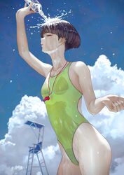  blunt_bangs bottle closed_eyes cloud collarbone commentary_request contrapposto day female from_below highres kaoming one-piece_swimsuit original outdoors see-through_one-piece_swimsuit shakujii_tsubasa short_hair sky solo standing swimsuit water wet whistle 