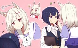  !? 2girls ^^^ animal_ears ayame_iro_(toumei_dolce) black_vest blue_hair bug butterfly clipboard closed_mouth collared_shirt commentary gradient_hair grey_hair hair_ornament hairclip hand_on_another&#039;s_cheek hand_on_another&#039;s_face happy_meek_(umamusume) highres horse_ears jacket kiryuuin_aoi leaning_to_the_side long_sleeves looking_at_another motion_lines multicolored_hair multiple_girls multiple_views outline pink_background pink_eyes puffy_short_sleeves puffy_sleeves purple_eyes sailor_collar school_uniform shirt short_hair short_sleeves smile speech_bubble sweat sweatdrop symbol-only_commentary tracen_school_uniform track_jacket umamusume upper_body vest white_shirt 