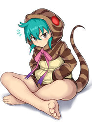  :&lt; absurdres animal_hood aomoro aqua_hair bad_id bad_pixiv_id bare_legs barefoot blue_ribbon blush brown_eyes closed_mouth crossed_bangs feet female full_body glowing gradient_neck_ribbon gradient_ribbon hair_between_eyes hands_in_pockets highres hood hood_up hoodie indian_style kemono_friends long_sleeves looking_at_viewer neck_ribbon notice_lines pink_ribbon ribbon short_hair sitting snake_hood snake_tail solo striped_clothes striped_hoodie striped_tail tail toenails toes tsuchinoko_(kemono_friends) variant_set white_background 