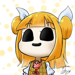  armor blonde_hair blunt_bangs chamaji commentary double_bun female hair_bun hair_ribbon haniwa_(statue) hollow_eyes joutouguu_mayumi looking_at_viewer lowres profile_picture puffy_short_sleeves puffy_sleeves ribbon short_hair short_sleeves signature smile solo touhou two-tone_background white_ribbon 