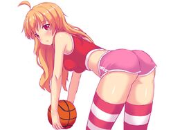  ass bad_id bad_pixiv_id ball basketball basketball_(object) blonde_hair breasts female highres holding holding_ball large_breasts long_hair looking_at_viewer nottytiffy original red_eyes self-portrait short_shorts shorts slit_pupils solo striped_clothes striped_thighhighs tank_top thighhighs tiffy_(nottytiffy) 