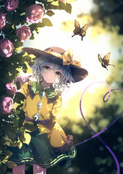  backlighting black_hat blurry blurry_background blush bow closed_mouth commentary day depth_of_field dise_(psychoro) feet_out_of_frame female flower frilled_shirt_collar frilled_sleeves frills green_eyes green_skirt grey_hair hat hat_bow hat_ornament heart heart_of_string highres komeiji_koishi leaning_to_the_side long_sleeves looking_at_viewer outdoors pink_flower pink_rose rose shirt short_hair skirt sleeves_past_fingers sleeves_past_wrists smile solo standing swallowtail_butterfly touhou yellow_bow yellow_shirt 