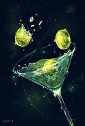  alcohol blue_background breaking bubble cocktail_glass cocon_(cocon_q) commentary_request cup drink drinking_glass dutch_angle food food_focus green_theme highres light_particles martini no_humans olive original simple_background still_life water_drop 