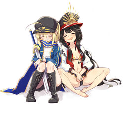  2girls ahoge artoria_pendragon_(fate) bad_id bad_pixiv_id barefoot baseball_cap bikini black_bikini black_footwear black_hair black_headwear black_shorts blue_jacket blue_scarf blush boots breasts cleavage closed_eyes cross-laced_footwear fate/grand_order fate_(series) hair_between_eyes hair_through_headwear hat headphones headphones_around_neck himitsucalibur_(fate) jacket knee_boots knees_up kodamari lace-up_boots legs letterman_jacket long_hair long_sleeves medium_breasts multiple_girls mysterious_heroine_x_(fate) oda_nobunaga_(fate) oda_nobunaga_(swimsuit_berserker)_(fate) oda_nobunaga_(swimsuit_berserker)_(first_ascension)_(fate) oda_nobunaga_(swimsuit_berserker)_(second_ascension)_(fate) open_clothes open_jacket open_mouth peaked_cap rojiura_satsuki:_chapter_heroine_sanctuary scarf shorts simple_background sitting sleeping small_breasts swimsuit sword track_jacket weapon white_background 