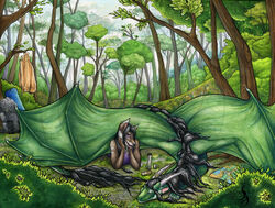  2020 anthro arm_support backpack black_hair camping canid canine canis claws clothed clothing compass day detailed_background digital_media_(artwork) domestic_dog dragon duo ear_piercing ear_ring european_mythology female feral forest grass green_body green_scales hair hi_res horn leaning_on_elbow looking_at_another lying mammal map membrane_(anatomy) membranous_wings mythological_creature mythological_scalie mythology natoli open_mouth outside piercing pink_eyes plant ring_piercing scales scalie sedyana shrub tail teeth traditional_media_(artwork) tree watermark western_dragon wings 