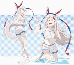  alternate_costume animal_ears barefoot blue_eyes blue_hairband breasts closed_eyes closed_mouth commentary_request ear_covers female full_body grey_hair hair_between_eyes hairband headband highres horse_ears horse_girl horse_tail long_hair midriff navel open_mouth partially_submerged shima_aji shorts small_breasts smile solo striped_headband tail tamamo_cross_(umamusume) tank_top thigh_strap umamusume very_long_hair water wet white_shorts white_tank_top 