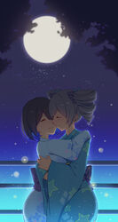  2girls absurdres blue_hair blue_kimono bow bronya_zaychik closed_eyes closed_mouth drill_hair full_moon grey_hair hairbow highres honkai_(series) honkai_impact_3rd hug imminent_kiss japanese_clothes kimono long_sleeves medium_hair moon multiple_girls neprbq night night_sky outdoors seele_vollerei sky star_(sky) starry_sky twin_drills yuri 