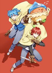  2boys akabane_karma ansatsu_kyoushitsu bad_id bad_twitter_id blue_eyes blue_hair blue_hat blue_vest boots brown_gloves cape clenched_hands closed_mouth collared_shirt commentary dagger denim fighting_stance flying_sweatdrops full_body gloves grey_pants hat holding holding_dagger holding_knife holding_weapon jeans knee_up knife koro-sensei_quest long_sleeves looking_at_viewer looking_up male_focus meipoi midair multiple_boys official_alternate_costume open_mouth orange_eyes pants reaching red_background red_hair scarf shadow shiota_nagisa shirt shoes short_hair simple_background sleeves_rolled_up smile sword vest weapon white_footwear white_shirt yellow_cape 