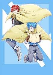  2boys akabane_karma ansatsu_kyoushitsu bad_id bad_twitter_id belt black_belt black_jacket black_pants blue_background blue_eyes blue_hair blue_vest brown_belt brown_cape brown_gloves brown_jacket cape closed_mouth commentary denim floating_cape full_body gloves grey_footwear hand_up holding holding_map jacket jeans koro-sensei_quest long_sleeves looking_at_object looking_at_viewer looking_to_the_side male_focus map map_(object) meipoi midair multicolored_background multiple_boys official_alternate_costume open_clothes open_jacket open_mouth pants paper pocket red_eyes red_hair shiota_nagisa shirt shoe_soles short_hair sleeves_past_elbows sleeves_rolled_up smile vest white_background white_shirt wings 