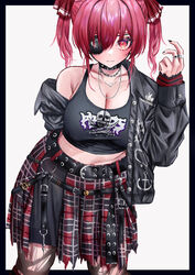  absurdres alternate_costume belt black_jacket black_nails black_tank_top breasts chains choker cleavage commentary eyepatch female highres hololive houshou_marine jacket jewelry kmgrru large_breasts long_hair necklace oerba_yun_fang pendant plaid plaid_skirt red_eyes red_hair ring skin_fang skirt solo tank_top torn_clothes torn_legwear virtual_youtuber wallet_chain 