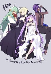  4girls aqua_hair artoria_pendragon_(fate) bad_id bad_pixiv_id bare_shoulders belt black_dress black_gloves black_leotard blonde_hair blush braid breasts center_opening cleavage dark-skinned_female dark_persona dark_skin dragon_horns dress euryale_(fate) excalibur_morgan_(fate) fate/grand_order fate/hollow_ataraxia fate/prototype fate/prototype:_fragments_of_blue_and_silver fate/stay_night fate_(series) feet fingerless_gloves french_braid frilled_hairband frills gloves hair_ribbon hairband hand_fan hassan_of_serenity_(fate) highres holding holding_fan horns japanese_clothes kimono kiyohime_(fate) kodamari leggings leotard lolita_hairband long_hair long_sleeves looking_at_viewer mask medium_breasts multiple_girls multiple_horns navel purple_eyes purple_hair ribbon saber_alter short_hair simple_background sitting skull_mask small_breasts smile sword twintails weapon white_dress white_kimono wide_sleeves yellow_eyes 