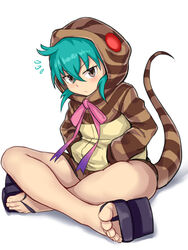  :&lt; absurdres animal_hood aomoro aqua_hair bad_id bad_pixiv_id bare_legs blue_ribbon blush brown_eyes closed_mouth crossed_bangs feet female full_body geta glowing gradient_neck_ribbon gradient_ribbon hair_between_eyes hands_in_pockets highres hood hood_up hoodie indian_style kemono_friends long_sleeves looking_at_viewer neck_ribbon notice_lines pink_ribbon ribbon short_hair sitting snake_hood snake_tail solo striped_clothes striped_hoodie striped_tail tail toenails toes tsuchinoko_(kemono_friends) variant_set white_background 