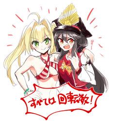  2girls ahoge bad_id bad_pixiv_id bare_shoulders bead_bracelet beads bikini black_hair black_headwear blonde_hair bracelet breasts buster_shirt cleavage closed_mouth collarbone crest criss-cross_halter family_crest fate/grand_order fate_(series) green_eyes hair_between_eyes hair_intakes halterneck hand_on_own_hip hat headphones headphones_around_neck jacket jewelry kodamari large_breasts letterman_jacket long_hair long_sleeves looking_at_viewer medium_breasts multiple_girls navel nero_claudius_(fate) nero_claudius_(swimsuit_caster)_(fate) oda_nobunaga_(fate) oda_nobunaga_(swimsuit_berserker)_(fate) oda_nobunaga_(swimsuit_berserker)_(first_ascension)_(fate) oda_uri open_mouth peaked_cap red_bikini red_eyes red_shirt shirt simple_background sling_bikini_top smile striped_bikini striped_clothes swimsuit translation_request twintails white_background 