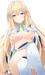  absurdres bimmy blonde_hair blue_eyes breasts female gloves highres large_breasts long_hair looking_at_viewer neptune_(series) revealing_clothes simple_background sitting smile solo underboob vert_(neptunia) white_background white_gloves white_legwear 