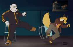  absurd_res anthro bardo_en_krisis bear bottomwear canid canine chair closed_eyes clothed clothing denim denim_bottomwear denim_clothing duo eyewear falling flinch fluffy fluffy_tail folding_chair footwear fox fur furniture fuyuki_yamamoto_(odd_taxi) hi_res id_badge inside jacket jeans kick knocked_down mammal midair odd_taxi open_mouth pants polar_bear redraw sekiguchi_(odd_taxi) shadow sharp_teeth shoes sunglasses sweater tail teeth toeless_footwear toeless_shoes topwear tracksuit ursine white_body white_fur yellow_body yellow_fur 