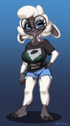  2021 abigail_(siroc) absurd_res anthro big_breasts biped black_clothing black_shirt black_topwear blue_bottomwear blue_clothing blue_eyes blue_shorts bottomwear bovid bra_strap breasts caprine clothed clothed_anthro clothed_female clothing cloven_hooves cutoffs denim denim_bottomwear denim_clothing english_text eyewear female female_anthro fingers front_view full-length_portrait fully_clothed glasses gradient_background hair hand_on_hip hand_on_own_hip hi_res hooved_fingers hooved_plantigrade hooved_toes hooves horizontal_pupils i_want_to_believe looking_at_viewer mammal open_mouth plantigrade portrait print_clothing print_shirt print_t-shirt print_topwear pupils sheep shirt shorts signature simple_background siroc solo standing t-shirt teeth text text_on_clothing text_on_shirt text_on_topwear the_x-files tongue topwear white_ears white_hair 