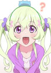  ? aikatsu!_(series) aikatsu_stars! blush clueless dress female flower flower_on_head futaba_aria green_hair grey_background hair_flower hair_ornament hairband highres jacket long_hair long_sleeves looking_at_viewer open_mouth oral_invitation osame purple_eyes purple_jacket simple_background solo twintails white_dress 