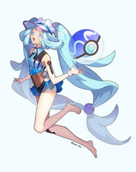  :d aqua_hair ball barefoot beachball blue_eyes bracelet bright_pupils colored_eyelashes commentary_request eyelashes feet female full_body hatsune_miku highres jewelry korean_commentary legs long_hair mongguri open_mouth poke_ball_print pokemon project_voltage simple_background skirt smile solo toenails toes tongue twintails twitter_username vest visor_cap vocaloid water_miku_(project_voltage) white_background white_pupils zipper_pull_tab 