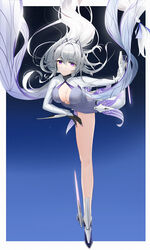  alyss_(tower_of_fantasy) arabesque_(pose) athletic_leotard ballerina ballet black_gloves blue_leotard border breasts character_request check_character cleavage closed_mouth en_pointe female full_body gloves grey_hair highres legs leotard long_hair long_sleeves looking_at_viewer medium_breasts purple_eyes qing_wu side_slit simple_background smile solo standing standing_on_one_leg tower_of_fantasy white_border 