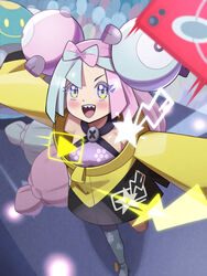  :d bellibolt blush boots commentary_request female green_hair grey_eyes grey_footwear grey_pantyhose highres inana_umi iono_(pokemon) jacket leg_up long_hair looking_up multicolored_hair open_mouth pantyhose pink_hair pokemon pokemon_(creature) pokemon_sv purple_shirt rotom rotom_phone shirt single_leg_pantyhose sleeveless sleeveless_shirt smile star_(symbol) star_print teeth tongue twintails two-tone_hair upper_teeth_only yellow_jacket 