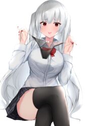  black_panties black_skirt black_thighhighs bow bowtie breasts collared_shirt crossed_legs female grey_hair grey_shirt hands_up highres holding large_breasts long_hair long_sleeves looking_at_viewer miniskirt nail_polish nephthys2356 original panties pleated_skirt red_eyes red_nails shirt simple_background sitting skirt solo string_panties thighhighs thighs tongue tongue_out two_side_up underwear white_background 