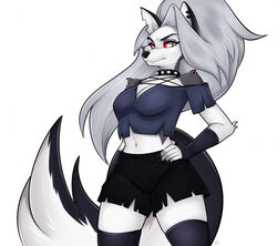  2022 anthro armwear black_collar black_nose bottomwear breasts canid canid_demon canine canis claws clothed clothing collaboration collar demon digital_media_(artwork) ear_piercing ear_ring eyebrow_piercing eyebrow_ring eyebrows eyelashes facial_piercing female fluffy fluffy_tail fox fully_clothed fur grey_body grey_eyes grey_fur grey_hair hair hand_on_hip hellhound helluva_boss legwear long_hair long_tail looking_at_viewer loona_(helluva_boss) mammal midriff multicolored_body multicolored_fur mythological_canine mythological_creature mythology navel notched_ear piercing pupils purtumdaemonium raised_eyebrow red_sclera ring_piercing shaded shorts shoulderless_shirt simple_background slit_pupils solo spiked_collar spikes standing tail topwear torn_clothing villmix white_background white_body white_eyes white_fur white_hair wolf 