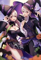  1boy :d absurdres artist_name bare_shoulders belt_pouch black_dress blurry breasts cleavage commentary_request corrin_(female)_(fire_emblem) corrin_(female)_(halloween)_(fire_emblem) corrin_(fire_emblem) corrin_(male)_(fire_emblem) corrin_(male)_(halloween)_(fire_emblem) depth_of_field detached_sleeves dress earrings female fire_emblem fire_emblem_fates fire_emblem_heroes frills grey_hair halloween halloween_costume hands_up hat highres jewelry large_breasts long_hair long_sleeves looking_at_viewer off-shoulder_dress off_shoulder official_alternate_costume open_mouth pointy_ears pouch red_eyes reia_hana side_slit signature simple_background smile turtleneck twitter_username witch witch_hat 