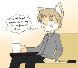  2018 anthro beverage blue_eyes canid canine clothing coffee digital_media_(artwork) dress_shirt english_text fingers fox fur furniture hair inner_monologue isaac_(monkeykinghero) male mammal multicolored_body multicolored_fur sandwich-anomaly scar shirt simple_background sitting sofa solo tan_body tan_fur tan_hair text thought_bubble topwear white_body white_fur 