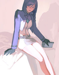  belt belt_buckle black_belt black_hair blue_jacket buckle celestial_being_uniform closed_mouth collared_shirt cropped_jacket female genderswap_(mtf) grey_skirt gundam gundam_00 hair_between_eyes holding huangdanlan jacket lips long_sleeves looking_at_viewer medium_hair purple_hair red_eyes rule_63 shirt simple_background sitting skirt smile solo sunlight tieria_erde uniform 