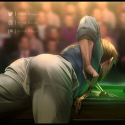  1boy ass ass_focus back ball billiard_ball billiards blonde_hair blue_shirt blurry blurry_background cue_stick holding_cue_stick instagram_logo instagram_username jujutsu_kaisen male_focus nanami_kento necktie novakrouge pants patreon_logo patreon_username pool_table shirt short_hair sleeves_rolled_up solo table twitter_logo twitter_username white_pants 