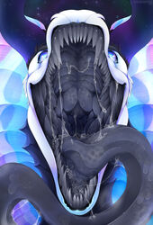  artist_name black_sclera blue_horn bodily_fluids cosmic_background detailed_mouth dragon ear_frill frill_(anatomy) front_view grey_insides grey_mouth grey_teeth grey_tongue hi_res horn hypnosis hypnotizing_viewer long_tongue mind_control mouth_shot mythological_creature mythological_scalie mythology no_pupils open_mouth purple_horn saliva saliva_on_tongue saliva_string santanahoffman scalie sharp_teeth solo space space_background spiral_eyes star teeth tongue tongue_out white_body 