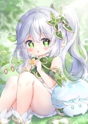  +_+ :o absurdres blush character_request chiika_(cure_cherish) commentary_request detached_sleeves dress female fungi_(genshin_impact) genshin_impact green_dress green_eyes green_hair hair_ornament highres holding knees_up leaf leaf_hair_ornament long_hair looking_at_viewer multicolored_hair nahida_(genshin_impact) parted_lips partial_commentary pointy_ears side_ponytail sidelocks sitting sleeveless sleeveless_dress slime_(genshin_impact) solo two-tone_hair white_footwear white_hair 