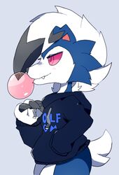  ambiguous_gender anthro blowing_bubble_gum bottomless bubble bubble_gum candy clothed clothing cute_fangs dessert female_(lore) fiddleafox food generation_7_pokemon gum hi_res hoodie hoodie_only inflating lycanroc midnight_lycanroc moro_(fiddleafox) nintendo pokemon pokemon_(species) side_view simple_background solo standing topwear topwear_only 