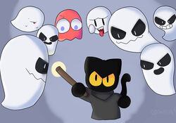  ambiguous_gender anthro big_eyes black_body black_eyes black_fur blinky_(pac-man) blue_pupils boo_(mario) clothing domestic_cat felid feline felis fur ghost google google_doodle grey_clothing grey_uniform group magic magic_cat_academy magic_wand mammal mario_bros momo_(google) nintendo open_mouth pupils simple_eyes smile spirit stick tongue tongue_out unknown_artist waddling_head white_pupils yellow_eyes 