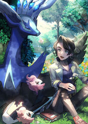  1boy augustine_sycamore black_hair book brown_footwear commentary_request curly_hair day facial_hair flower grass grey_eyes holding holding_flower lab_coat male_focus outdoors pants pokemon pokemon_(creature) pokemon_xy shirt shoes sitting socks spritzee tree water xerneas yamanashi_taiki 