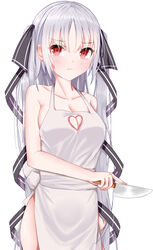  :t absurdres alternate_costume apron artia bare_shoulders blush breasts cleavage cleavage_cutout closed_mouth clothing_cutout collarbone cowboy_shot female hair_ribbon heart heart_cutout highres holding holding_knife hololive hololive_china knife large_breasts long_hair looking_at_viewer mero_(ly21207) naked_apron parted_bangs pout purple_ribbon red_eyes ribbon ringed_eyes simple_background sleeveless solo striped striped_ribbon tress_ribbon two_side_up very_long_hair virtual_youtuber white_background white_hair 