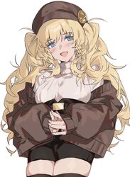  :d alternate_costume aogisa bad_id bad_twitter_id black_shorts black_thighhighs blonde_hair blue_eyes blush braid breasts brown_hat brown_jacket female girls&#039;_frontline hair_between_eyes hat highres jacket long_hair long_sleeves looking_at_viewer messy_hair off_shoulder open_mouth own_hands_together s.a.t.8_(girls&#039;_frontline) short_braid short_shorts shorts side_braid simple_background smile solo standing sweater thighhighs turtleneck turtleneck_sweater upper_body white_background 