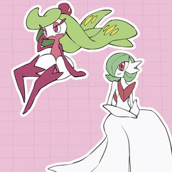  bright_pupils closed_mouth colored_skin commentary gardevoir grid_background kelvin-trainerk mega_gardevoir mega_pokemon outline pink_background pokemon pokemon_(creature) purple_eyes red_eyes smile tsareena twitter_username watermark white_skin 