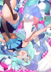  :d absurdres bare_arms blue_eyes blue_vest blurry blurry_foreground bossan_3310 colored_eyelashes commentary crossover female green_hair hair_between_eyes happy hatsune_miku highres long_hair looking_to_the_side open_mouth outstretched_arm pink_background pokemon pokemon_(creature) primarina project_voltage shorts smile teeth twintails upper_teeth_only vest visor_cap vocaloid water_drop water_miku_(project_voltage) zipper_pull_tab 