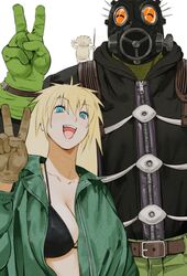  1boy belt bikini bikini_top_only black_bikini black_hoodie blonde_hair blue_eyes breasts brown_gloves caiman_(dorohedoro) dorohedoro female gas_mask giganticbuddha gloves green_gloves green_jacket gyoza_man highres hood hoodie jacket large_breasts long_hair mask nikaidou_(dorohedoro) open_mouth smile swimsuit v 